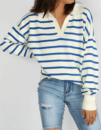 Women's Casual Striped Long Sleeve Polo V Neck Pullover Sweater Loose Fit  Knitted Top
