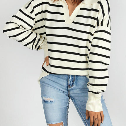 Women's Casual Striped Long Sleeve Polo V Neck Pullover Sweater Loose Fit  Knitted Top