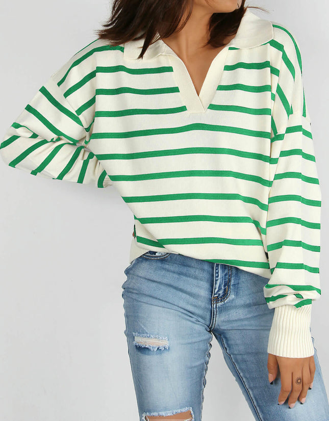 Women's Casual Striped Long Sleeve Polo V Neck Pullover Sweater Loose Fit  Knitted Top