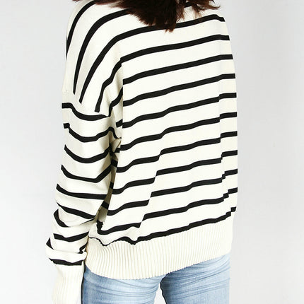 Women's Casual Striped Long Sleeve Polo V Neck Pullover Sweater Loose Fit  Knitted Top