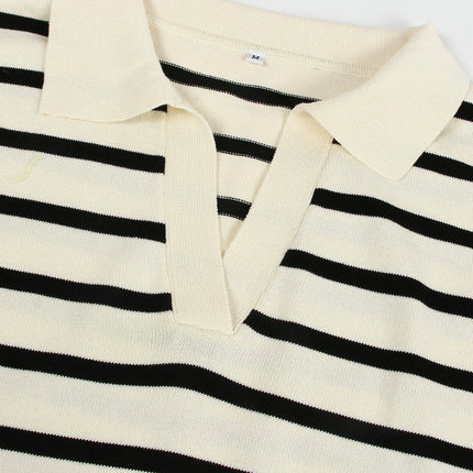 Women's Casual Striped Long Sleeve Polo V Neck Pullover Sweater Loose Fit  Knitted Top