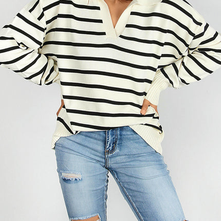 Women's Casual Striped Long Sleeve Polo V Neck Pullover Sweater Loose Fit  Knitted Top