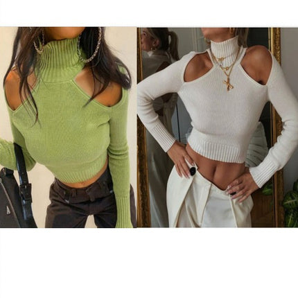 Women's Long Sleeve Belly Button Sweater Turtleneck Off Shoulder Sweater Top