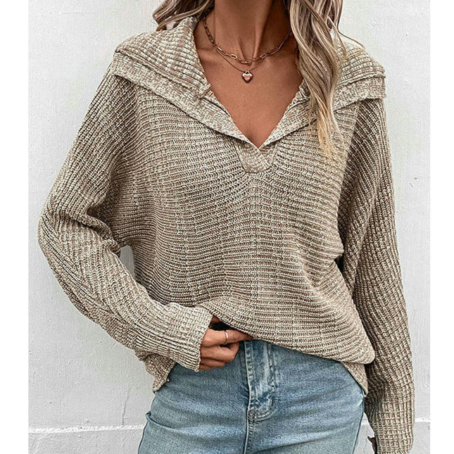 Women's Solid Long Sleeve Polo Shirt V Neck Pullover Sweater Loose Knit Top
