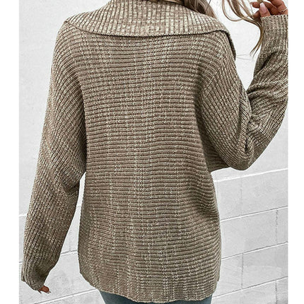 Women's Solid Long Sleeve Polo Shirt V Neck Pullover Sweater Loose Knit Top