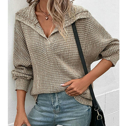 Women's Solid Long Sleeve Polo Shirt V Neck Pullover Sweater Loose Knit Top