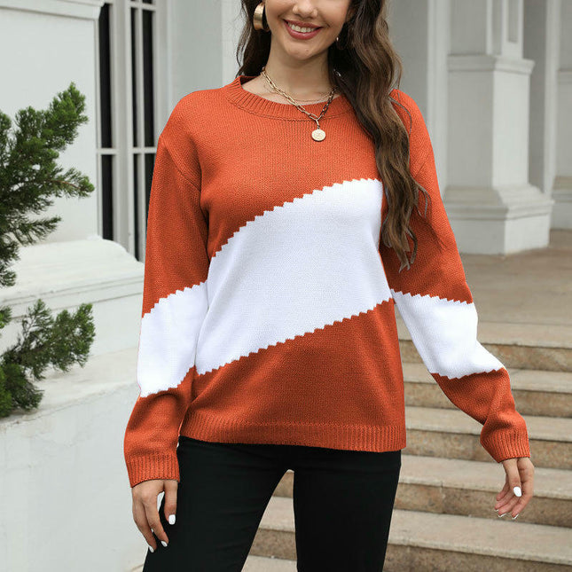 Colorblock Geometric Knitted Long Sleeve Loose Round Neck Pullover Sweater Women