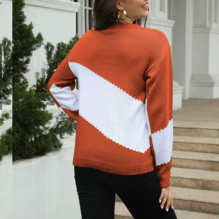 Colorblock Geometric Knitted Long Sleeve Loose Round Neck Pullover Sweater Women
