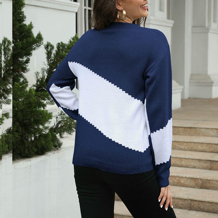 Colorblock Geometric Knitted Long Sleeve Loose Round Neck Pullover Sweater Women