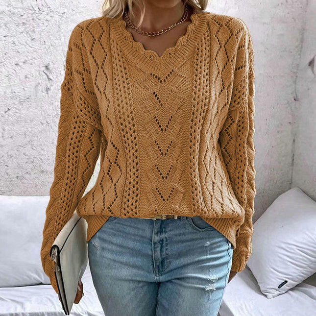 Women's Lazy Style Pullover Sweater Long Sleeve Hollow V-neck Versatile Sweater