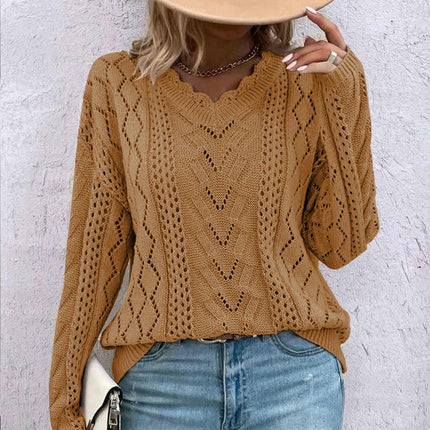 Women's Lazy Style Pullover Sweater Long Sleeve Hollow V-neck Versatile Sweater