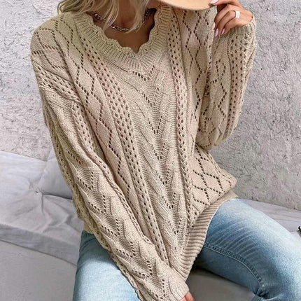 Women's Lazy Style Pullover Sweater Long Sleeve Hollow V-neck Versatile Sweater