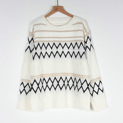 Women's Retro Diamond Pattern Sweater Fashion Long Sleeve Round Neck Sweater