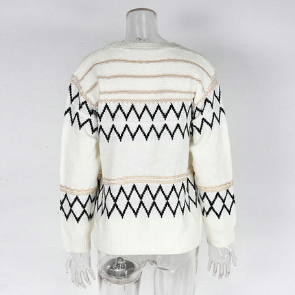 Women's Retro Diamond Pattern Sweater Fashion Long Sleeve Round Neck Sweater