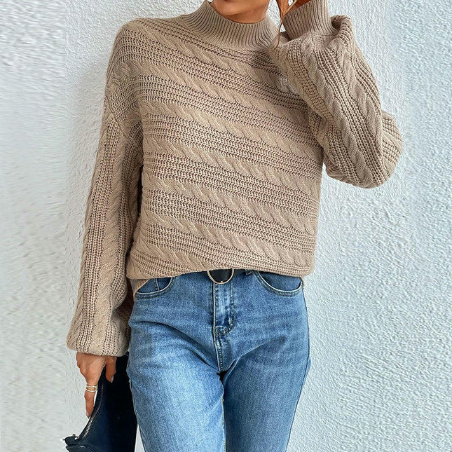 Women's Solid Color Long Sleeve Knitted Round Neck Pullover Cable Knit Sweater