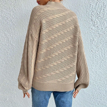 Women's Solid Color Long Sleeve Knitted Round Neck Pullover Cable Knit Sweater