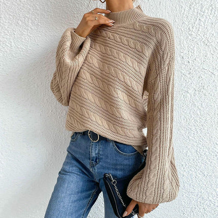 Women's Solid Color Long Sleeve Knitted Round Neck Pullover Cable Knit Sweater