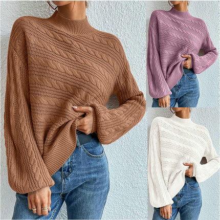 Women's Solid Color Long Sleeve Knitted Round Neck Pullover Cable Knit Sweater