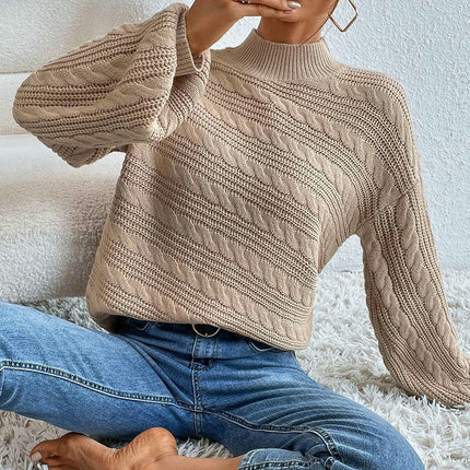 Women's Solid Color Long Sleeve Knitted Round Neck Pullover Cable Knit Sweater