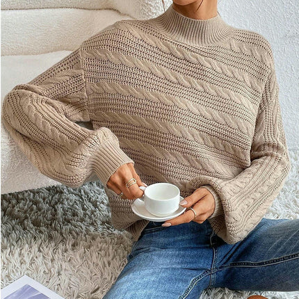 Women's Solid Color Long Sleeve Knitted Round Neck Pullover Cable Knit Sweater