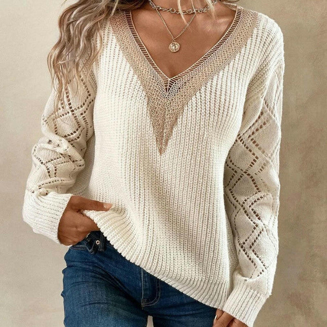 Women's Casual Lace V Neck T Shirts Dressy Long Sleeve Blouses Loose Tunic Tops