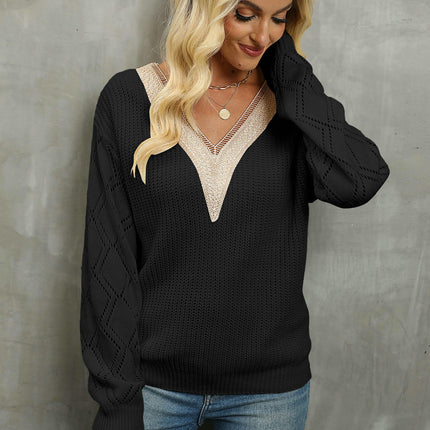 Women's Casual Lace V Neck T Shirts Dressy Long Sleeve Blouses Loose Tunic Tops
