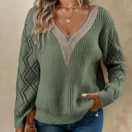 Women's Casual Lace V Neck T Shirts Dressy Long Sleeve Blouses Loose Tunic Tops