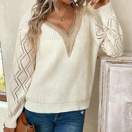 Women's Casual Lace V Neck T Shirts Dressy Long Sleeve Blouses Loose Tunic Tops