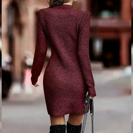Knitted Sweater Dress Slim Fit Solid Color Round Neck Long Sleeve Sweater Dress