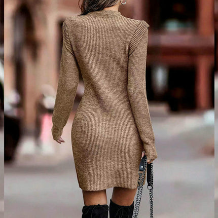 Knitted Sweater Dress Slim Fit Solid Color Round Neck Long Sleeve Sweater Dress