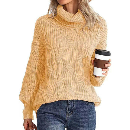 Womens Cable Knitted Sweater Long Sleeve Solid Color Pullover Turtleneck Sweater