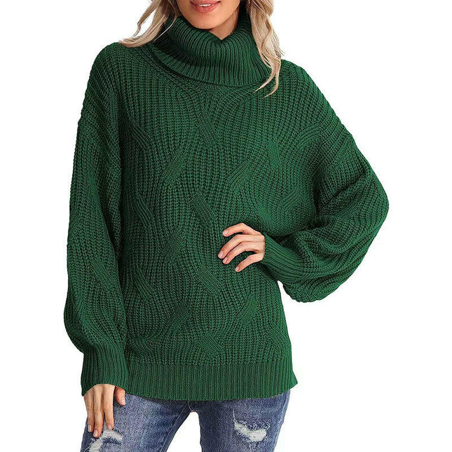 Womens Cable Knitted Sweater Long Sleeve Solid Color Pullover Turtleneck Sweater