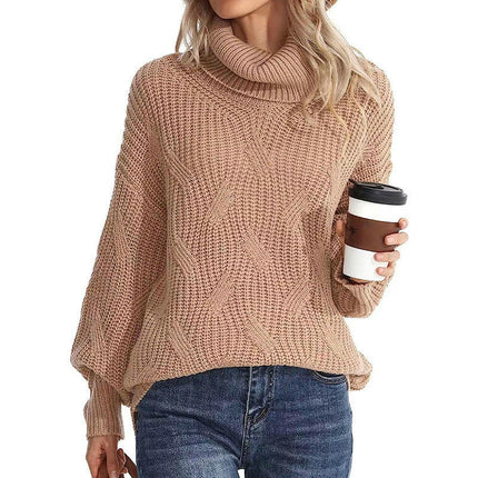 Womens Cable Knitted Sweater Long Sleeve Solid Color Pullover Turtleneck Sweater