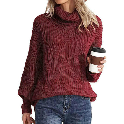 Womens Cable Knitted Sweater Long Sleeve Solid Color Pullover Turtleneck Sweater