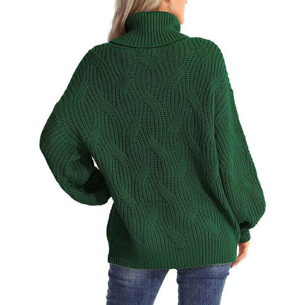 Womens Cable Knitted Sweater Long Sleeve Solid Color Pullover Turtleneck Sweater