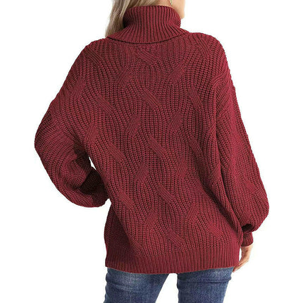 Womens Cable Knitted Sweater Long Sleeve Solid Color Pullover Turtleneck Sweater