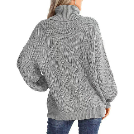 Womens Cable Knitted Sweater Long Sleeve Solid Color Pullover Turtleneck Sweater