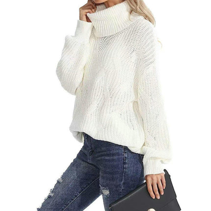 Womens Cable Knitted Sweater Long Sleeve Solid Color Pullover Turtleneck Sweater