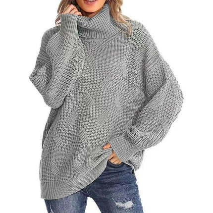 Womens Cable Knitted Sweater Long Sleeve Solid Color Pullover Turtleneck Sweater