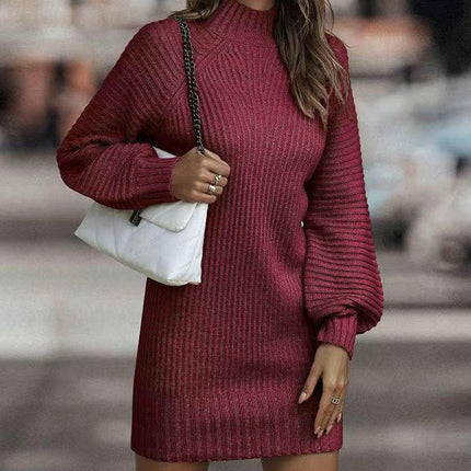 Women Turtleneck Long Sleeve Knit Bodycon Slim Fitted Pullover Sweater Mini Dress