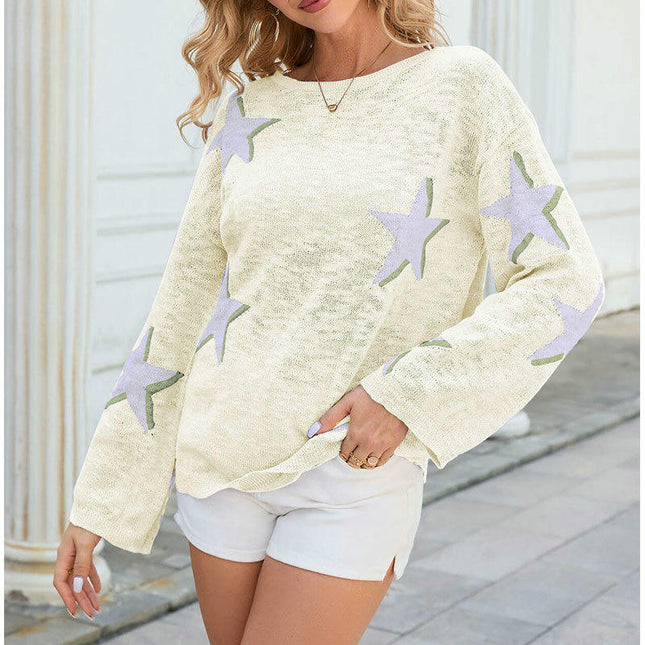 Autumn Women's Round Neck Pullover Top Star Long Sleeve Colorblock Knitted Sweater