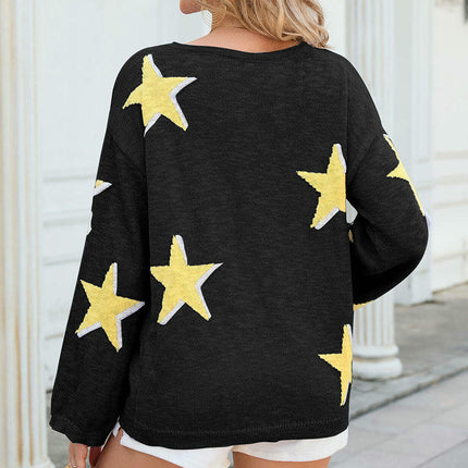 Autumn Women's Round Neck Pullover Top Star Long Sleeve Colorblock Knitted Sweater