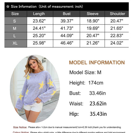 Autumn Women's Round Neck Pullover Top Star Long Sleeve Colorblock Knitted Sweater
