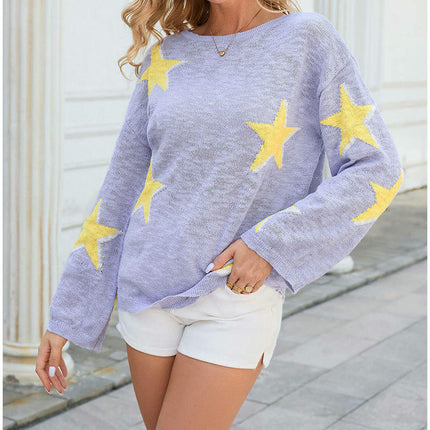 Autumn Women's Round Neck Pullover Top Star Long Sleeve Colorblock Knitted Sweater