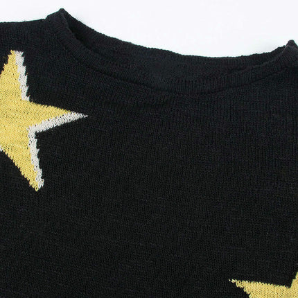 Autumn Women's Round Neck Pullover Top Star Long Sleeve Colorblock Knitted Sweater