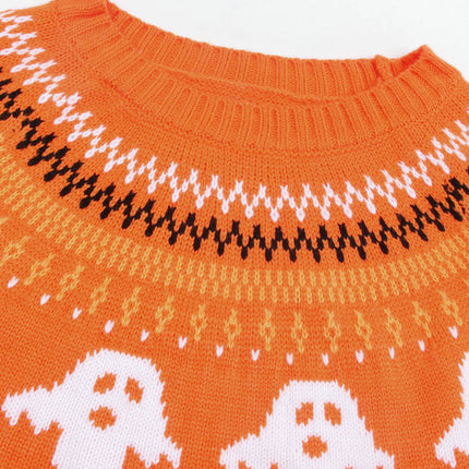 Women's Round Neck Pullover Sweater Halloween Ghost Polka Dot Long Sleeve Knit Cardigan
