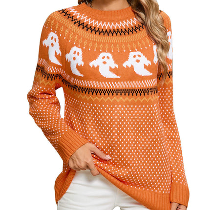 Women's Round Neck Pullover Sweater Halloween Ghost Polka Dot Long Sleeve Knit Cardigan
