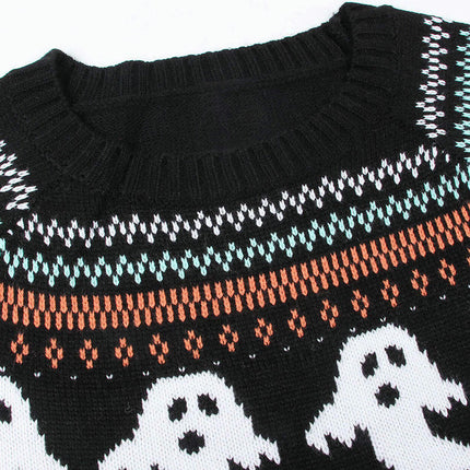 Women's Round Neck Pullover Sweater Halloween Ghost Polka Dot Long Sleeve Knit Cardigan