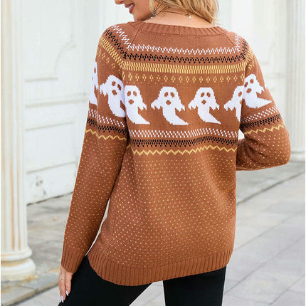 Women's Round Neck Pullover Sweater Halloween Ghost Polka Dot Long Sleeve Knit Cardigan
