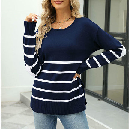 Women's Striped Sleeve Heart Colorblock Long Sleeve Pullover Knit Sweater